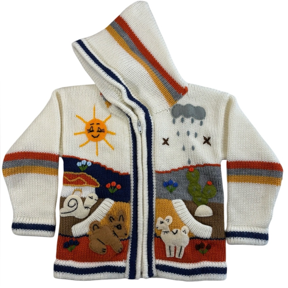 EUC Isabella Mia Peruvian Hand-Knit full-zip "Happy Sweater" 3D Arpillera Kids 4